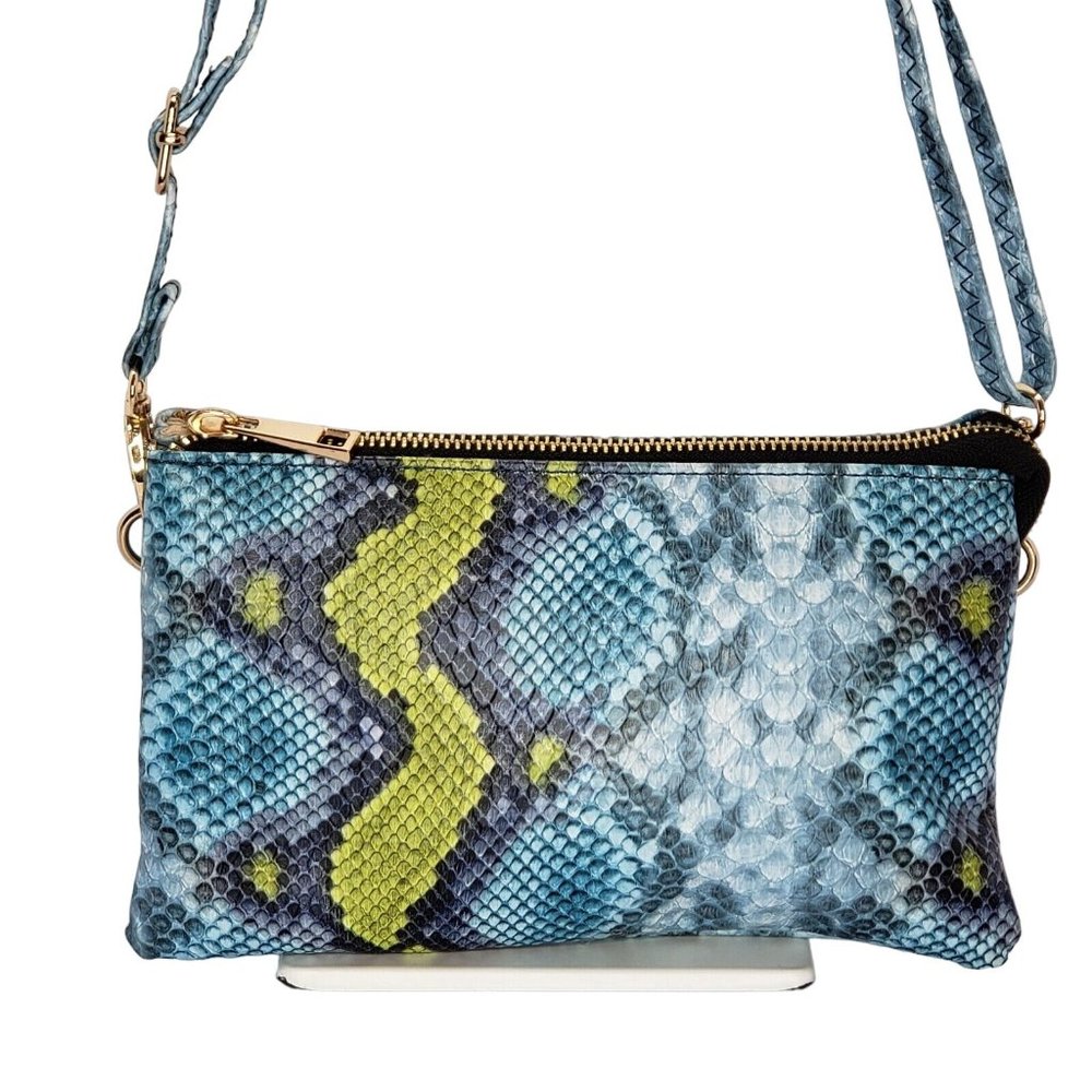 Caroline Hill Blue Yellow Snakeskin Leather 3 Compartment Crossbody Sling Bag
